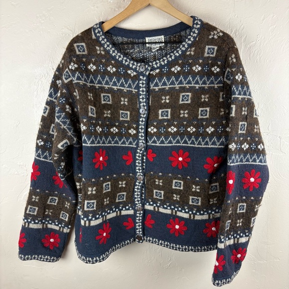 Vintage Sweaters - Vintage Putumayo Wool Brown Blue Patterned Cardigan with Red Flowers Fair Isle